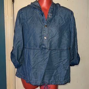 Chico’s Chambray Shirt. Denim Chico’s Hooded Shirt, Size 1